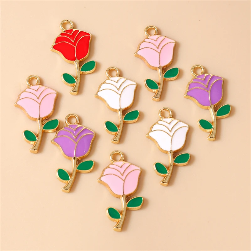 10 Stück 13x24mm Niedliche Emaille-Rosenblüten-Anhänger Passend für Halsketten, Ohrringe, Armbänder, DIY-Bastelzubehör für Schmuckherstellung – Detail 4