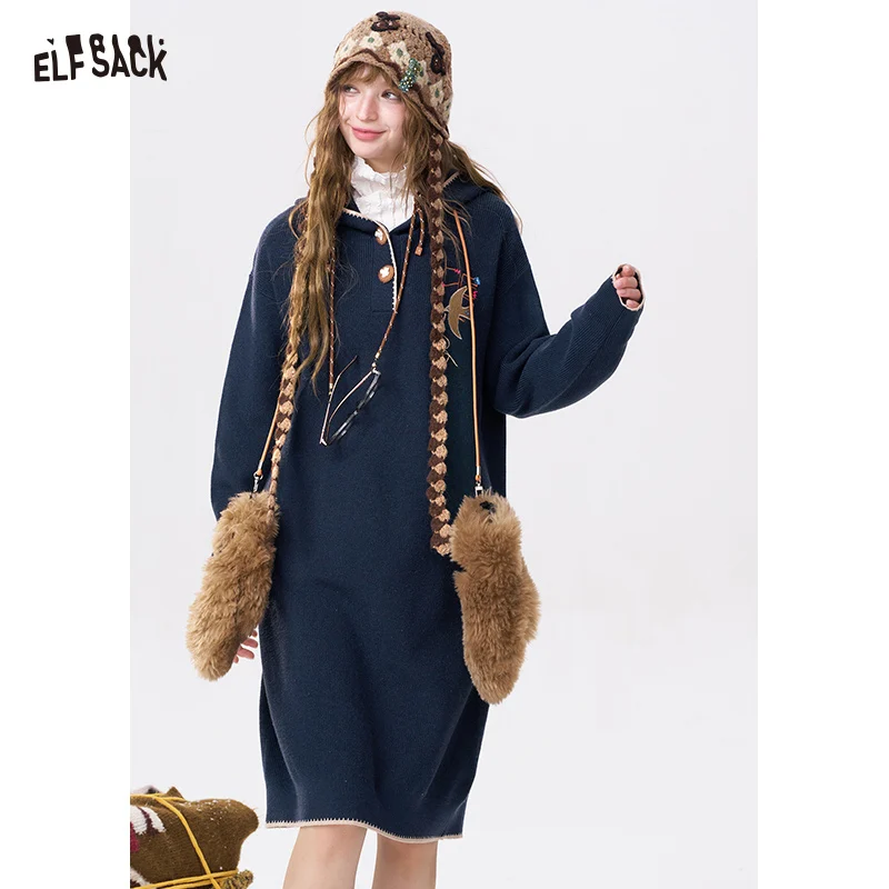 

ELFSACK Minimalist Casual Solid Loose Embroidered Hooded Blossom Button Long Dress For Women