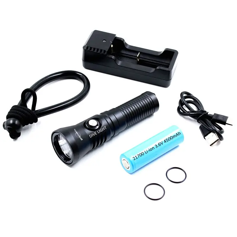 

Aluminum Alloy LED Diving Flashlight 21700 Rechargeable 1200 Lumen IP68 Waterproof 100M Spearfishing Backup Scuba Dive Light