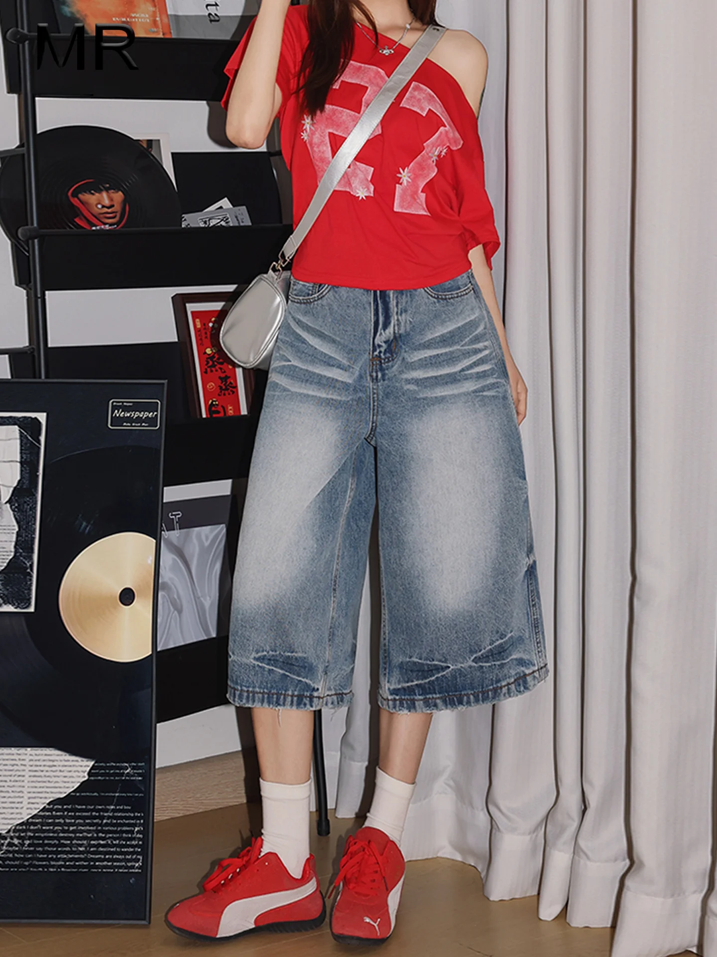 

Retro Distressed High Waist Wide Leg Jeans Women's Summer Slimming Loose Lazy Style Seven-Five Denim Pants