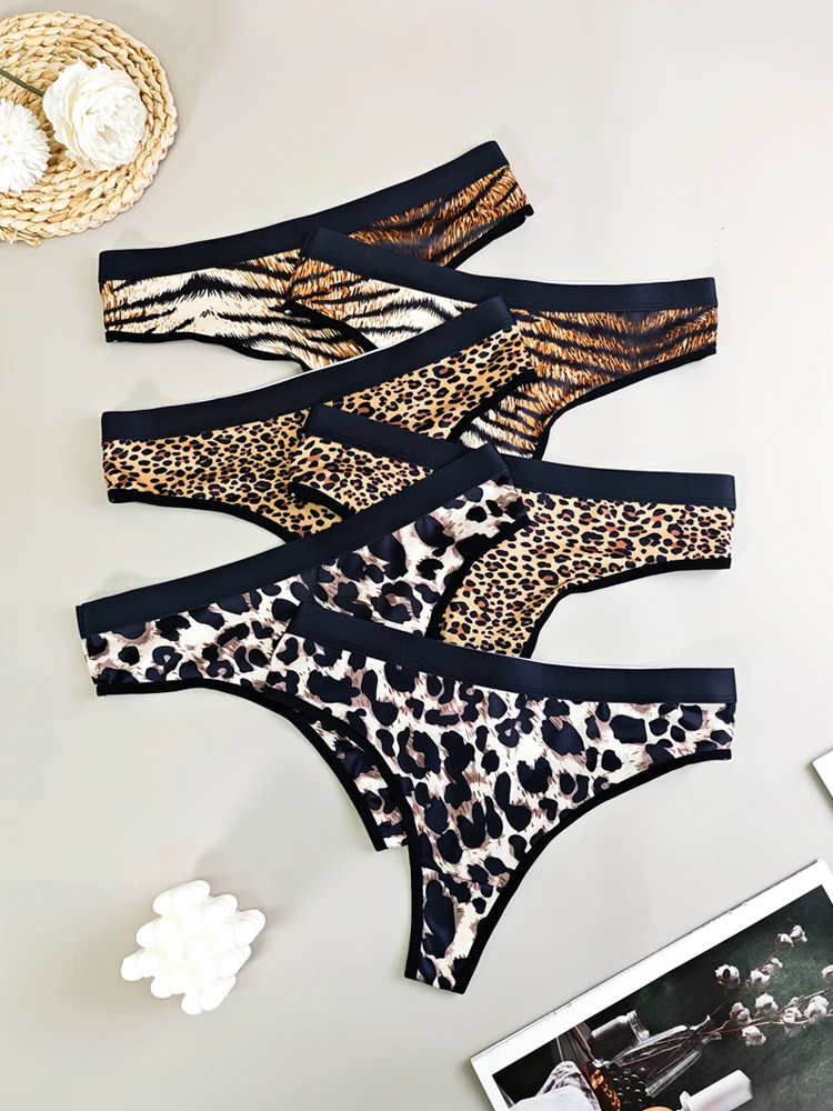 

ALDOLA 6PCS/Set Seamless Leopard Print Contrast Trim Thongs Sexy Stretch Intimates Panties Women's Lingerie Underwear