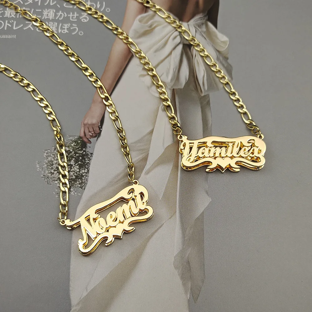 Double Nameplate 3D Coração Colar Personalizado para As Mulheres, Ouro 18k, Jóias de Aço Inoxidável, Nome Personalizado, Cadeia Figaro, Hip Hop