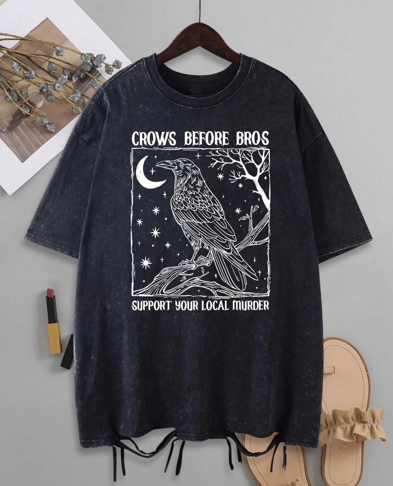 

Crows Before Bros Support Your Local Murder Print Woman Washed Holes Tee Shirts Cotton Oversized T Shirt Hip Hop Crewneck Top