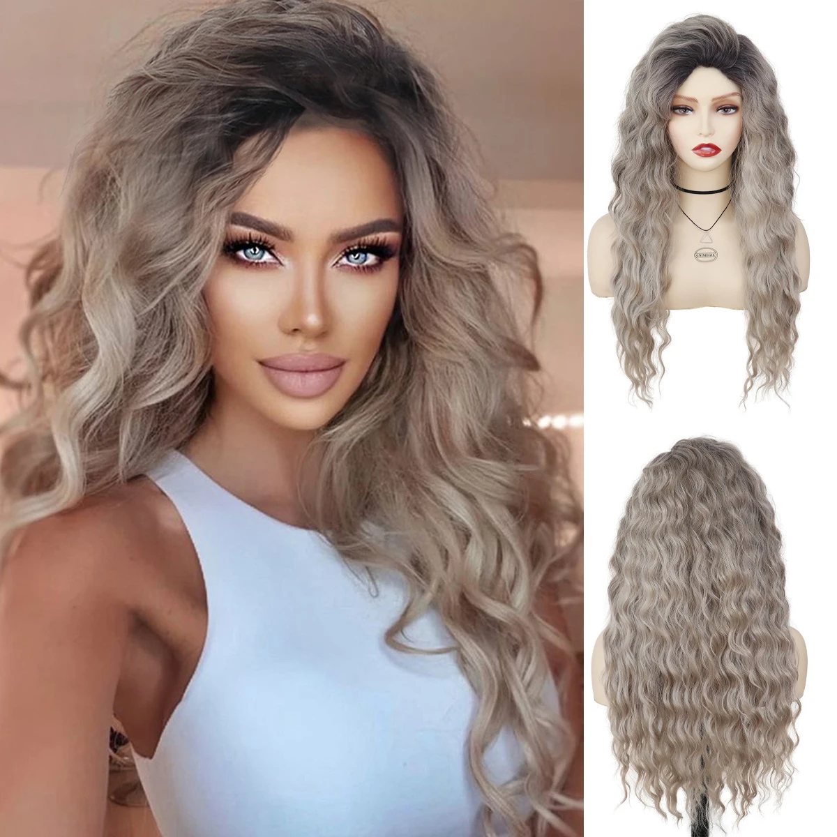 

GNIMEGIL Synthetic Hair 28 Inch Long Ombre Grey Curly Wigs for Women Waving Dark Roots Wig Fluffy Charming Party Ladies Sexy Wig