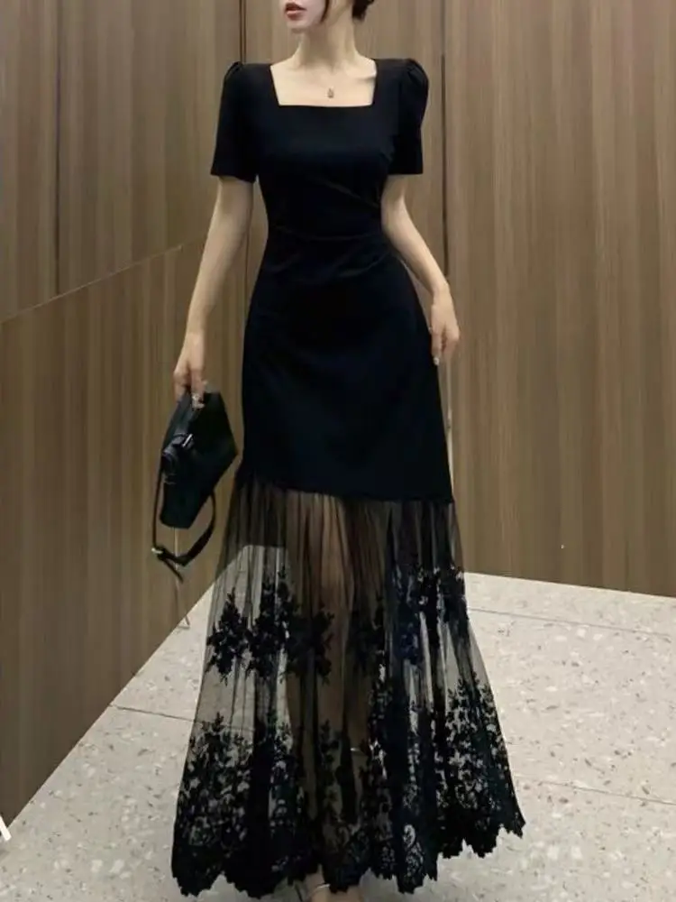 Sommer frauen Spitze Splice ort Sve Dr Quadratischen Kragen plus Größe Abnehmen Bla Lange Dr Hohe Taille A-Line Koreanische Sle