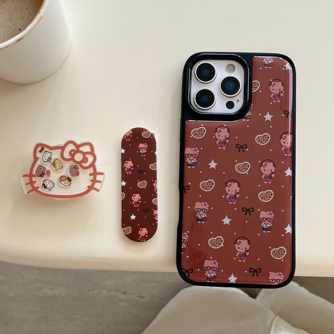 

Chocolate Brown shell Cute Hello Kitty Band-Aid Stand Holder Phone Case For iPhone 16 15 14 13 Pro Max Shockproof Cover