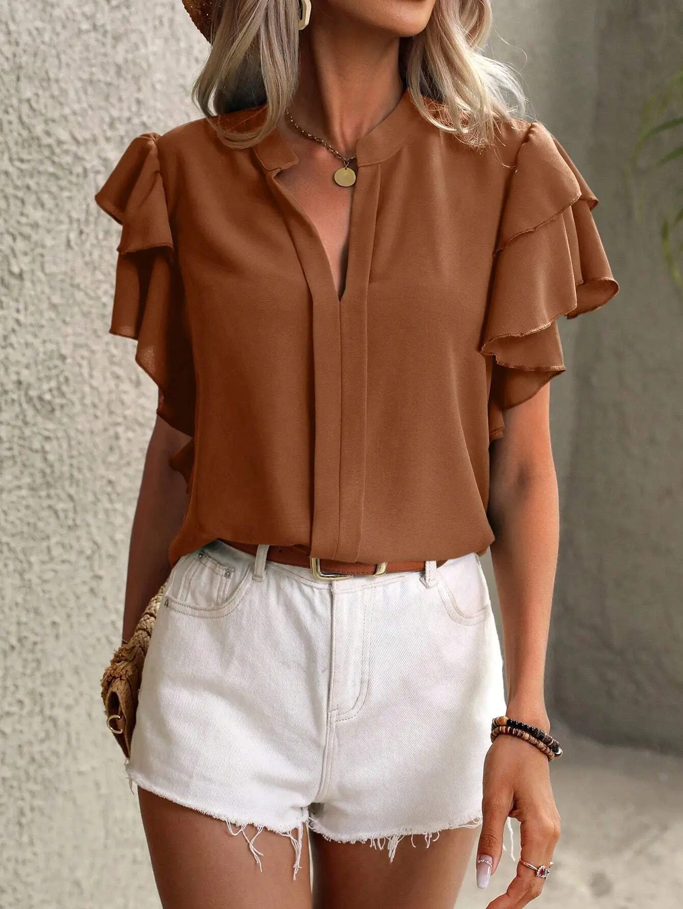 Ladies summer new V-neck casual double-layer lotus leaf sleeve solid color shirt top