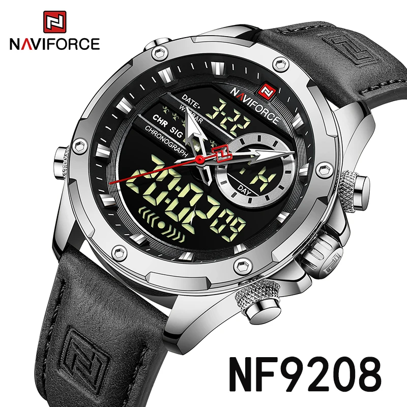 

Мужские часы NAVIFORCE NF9208, роскошные оригинальные часы, спортивные, повседневные, с хронографом, будильником, кварцевым механизмом, кожаным ремешком, водонепроницаемые, цифровые.