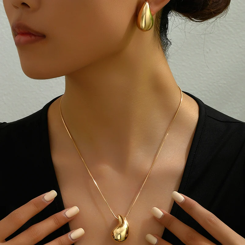 Water Drop Shape Jewelry Set 2 Pcs Necklace Stud Earrings Gold Silver Color Zinc Alloy Simple Style For Woman image 3