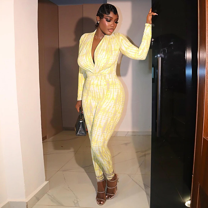 

2026 New Fashion Women Jumpsuit Printed Long Sleeve Deep V Neck Slim Bodycon Jumpsuit Outfits Streetwear