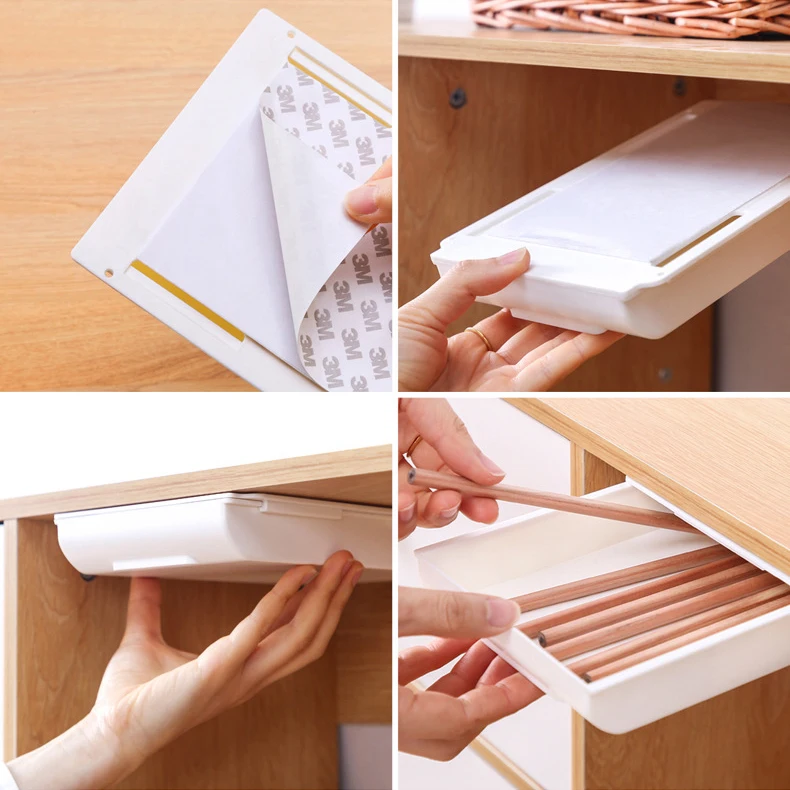 Under Desk Drawer Organizer Slide Out Hidden Desk Drawer Workspace Organizers Pen Holder Makeup Stationery Storage Self-Adhesive