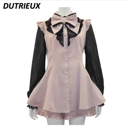 Women Two-Piece Sets Rojita Culottes Outfits SC Lolita Dress Suit Japanese-Style Mine Slim-Fit Slimming Bow Lace Shirt Shorts