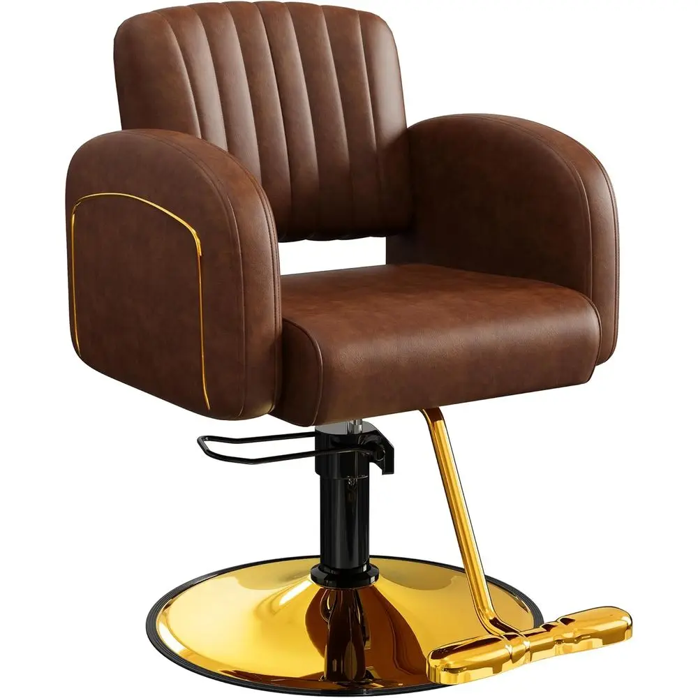 

Luxury Gold and Brown Hydraulic Styling Chair with PU Leather, High-Density Foam, 360° Swivel, Stainless Steel Base, Ergonomic D