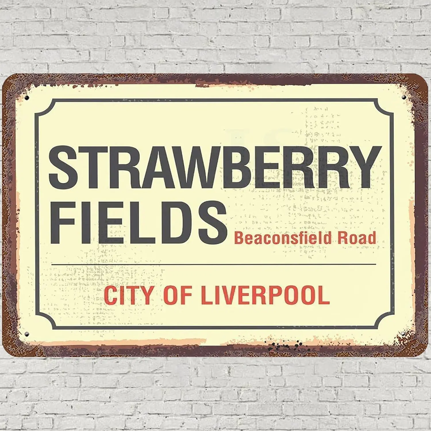 Vintage Metal Tin Sign Strawberry Fields Wall Art Decor, City Of Liveprool Beaconsfield Road Poster for Home Living Room Bedr