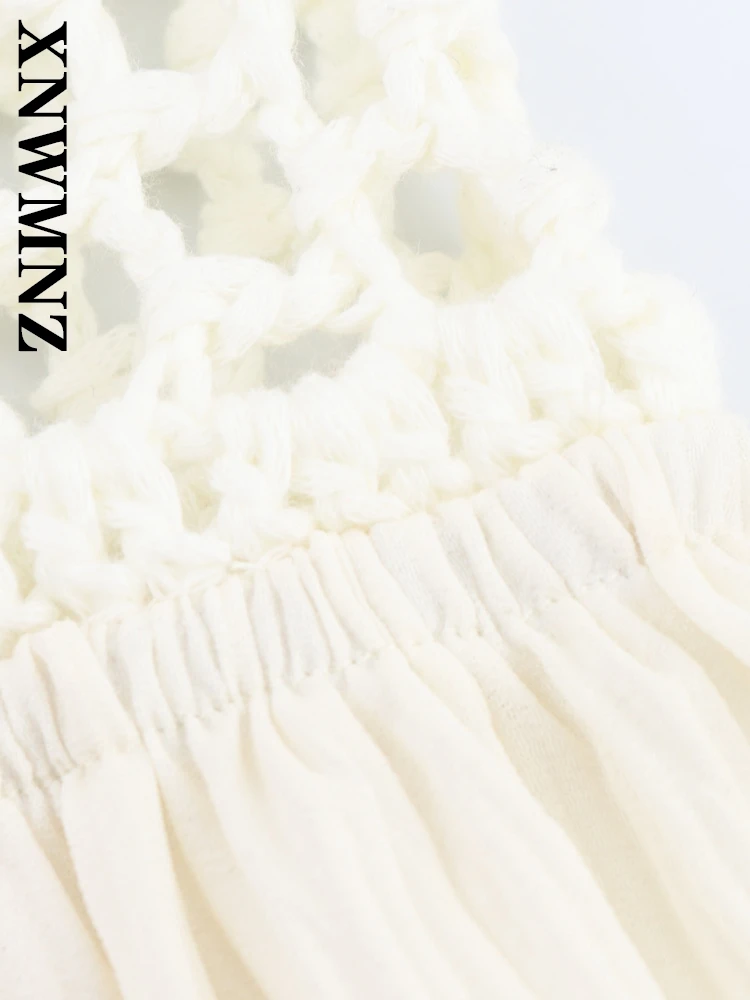 XNWMNZ 2025 ملابس النساء الصيفية موضة بوهو بلا أكمام ياقة ميدي مطوي فستان أنيق عطلة امرأة بيج فساتين بسيطة