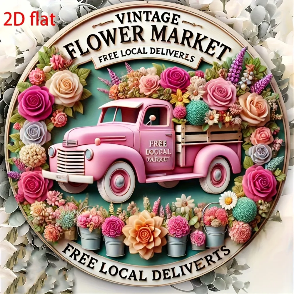 Retro Rosa Truck Vintage Blumen Metallschild 8x8 Zoll Rustikale Wandkunst Frühlings-Heimdekoration
