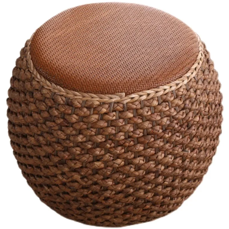 Rattan round low stool creative handmade straw pier sofa coffee table stool household living room bedroom solid wood