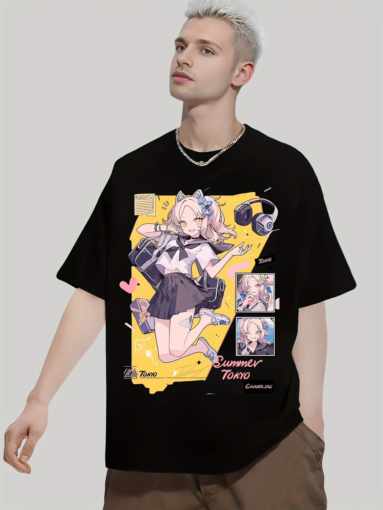 Anime Girl prints with her pet pattern, anime clothes  t shirt  oversized t shirt  kaws  mens t shirts