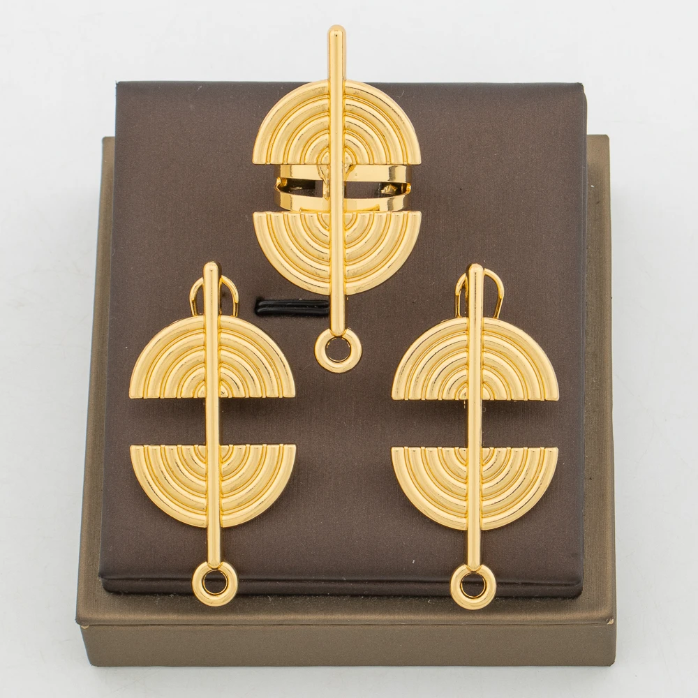Nigerian Gold Plated Earrings and Ring Set for Ladies Personality Design Earrings and Cocktail Ring Set African Engagement Party