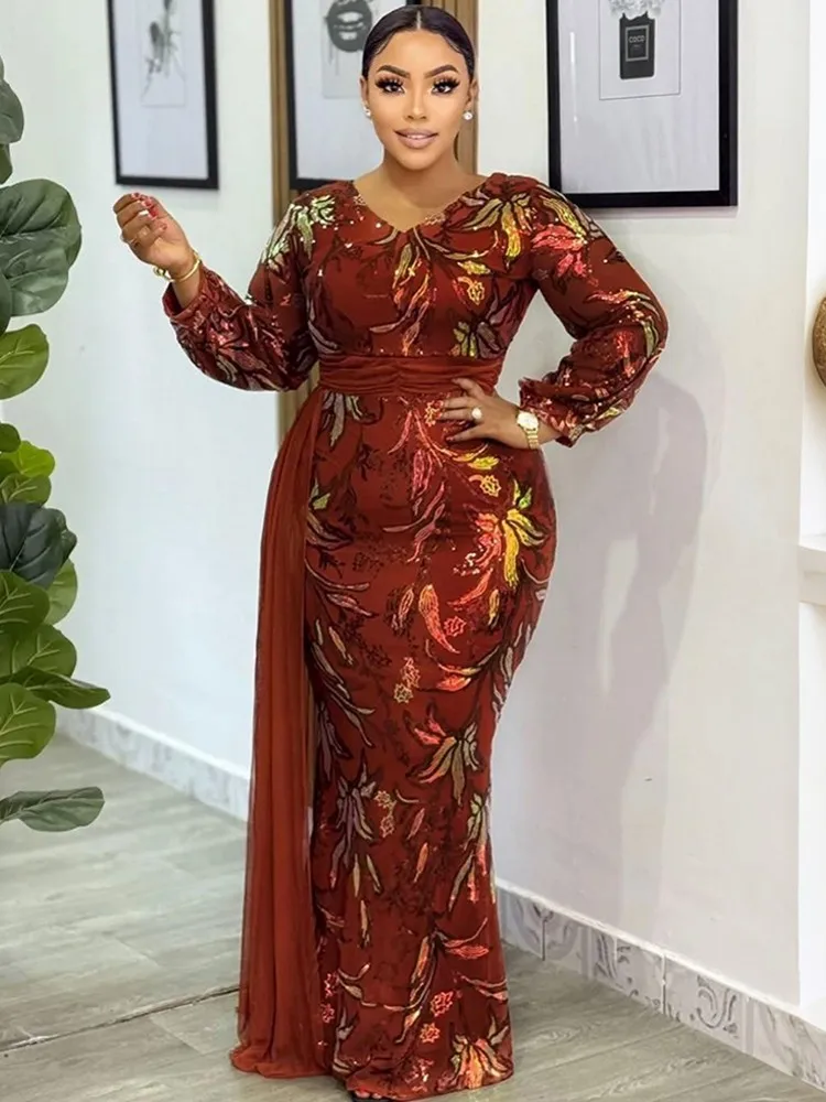 

African Dresses For Women Sequin Elegant Spring Long Sleeve Dashiki Maxi Dress Ladies Traditional African Clothing Fairy Dreaes