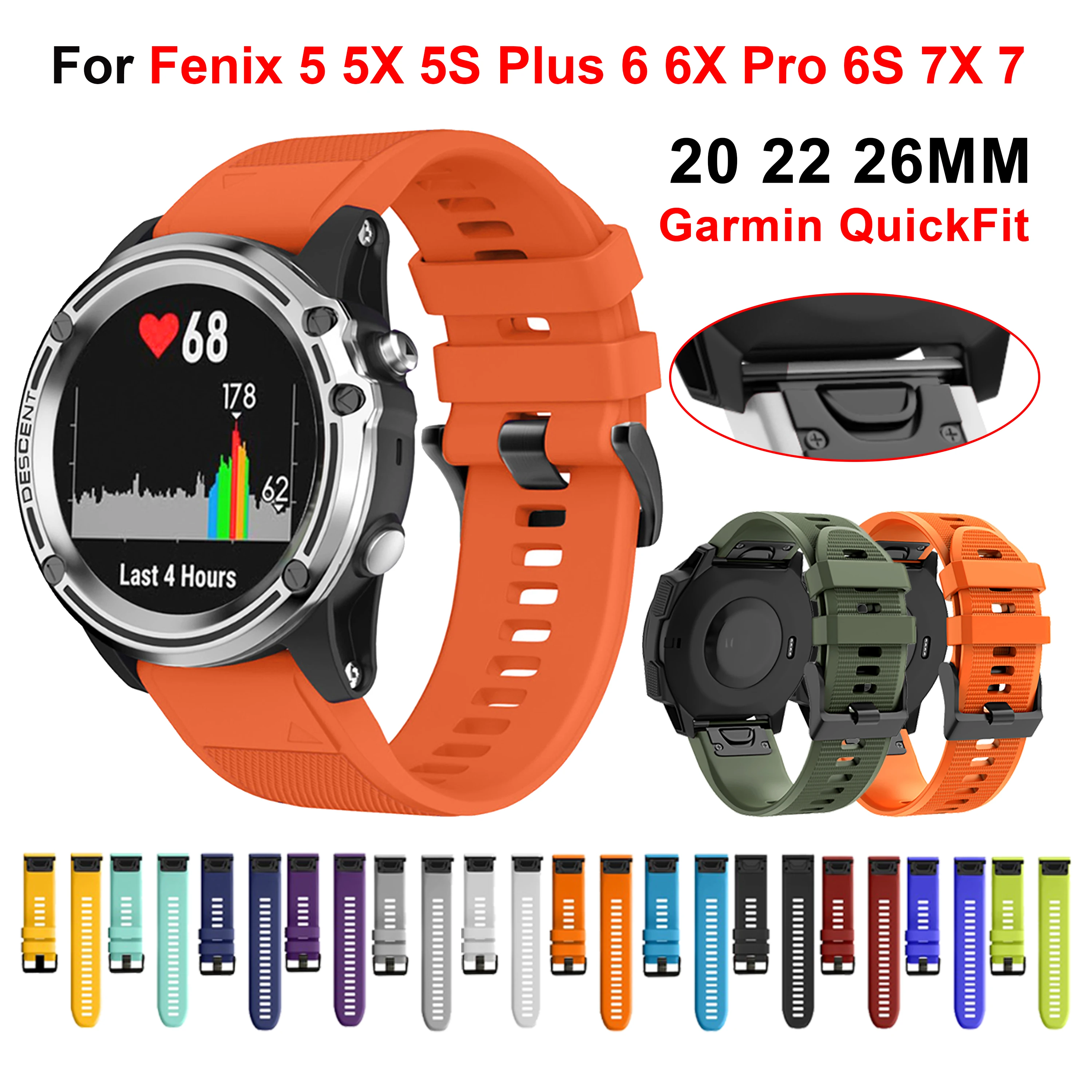 

22 26MM Silicone QuickFit for Garmin Fenix 5 5X 5S Plus 6X Pro 6 6S Pro Smartwatch Band Fenix 7 7X 7S 3HR 945 955 965 MARQ Strap