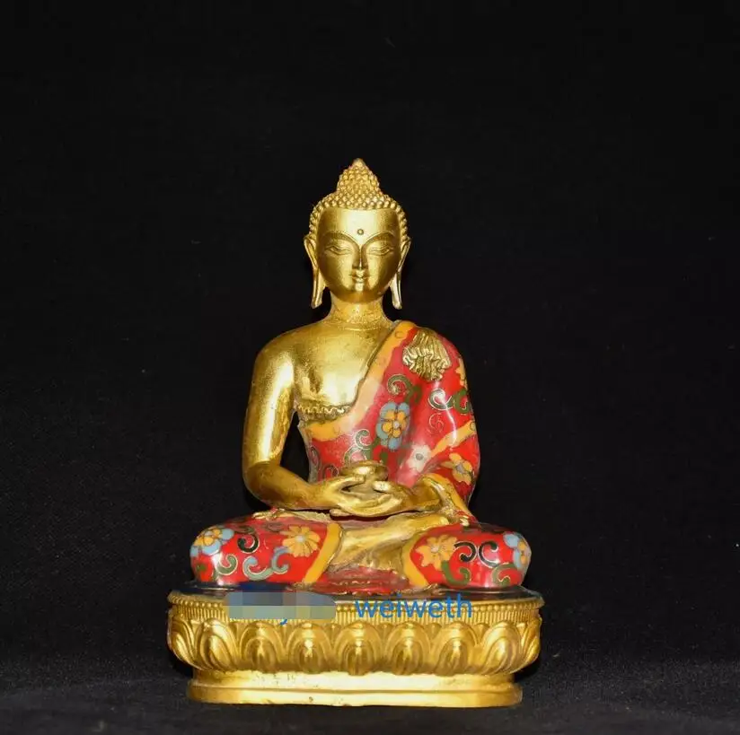 

8” Collection Old Chinese Gilt Brass Cloisonne Handmade Sakyamuni Buddha Statue