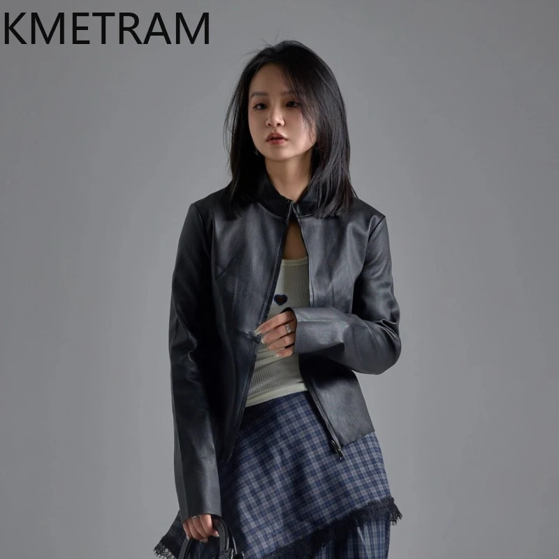 KMETRAM 천연 양가죽 진짜 가죽 재킷 가을 블랙 신상 아우터웨어 2025 여성용 숏 코트