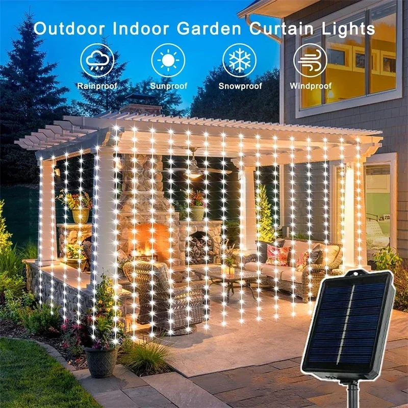 

LED Curtain Light Solar 8 Lighting Modes Outdoor Garden Christmas New Year Pergola Inner Court Decoration Holiday Ambient Light