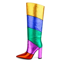 Tacchi grossi stivali alti da donna novità moda punta a punta tacchi alti scarpe femminili di lusso colori misti Slip-on Botas De Mujer