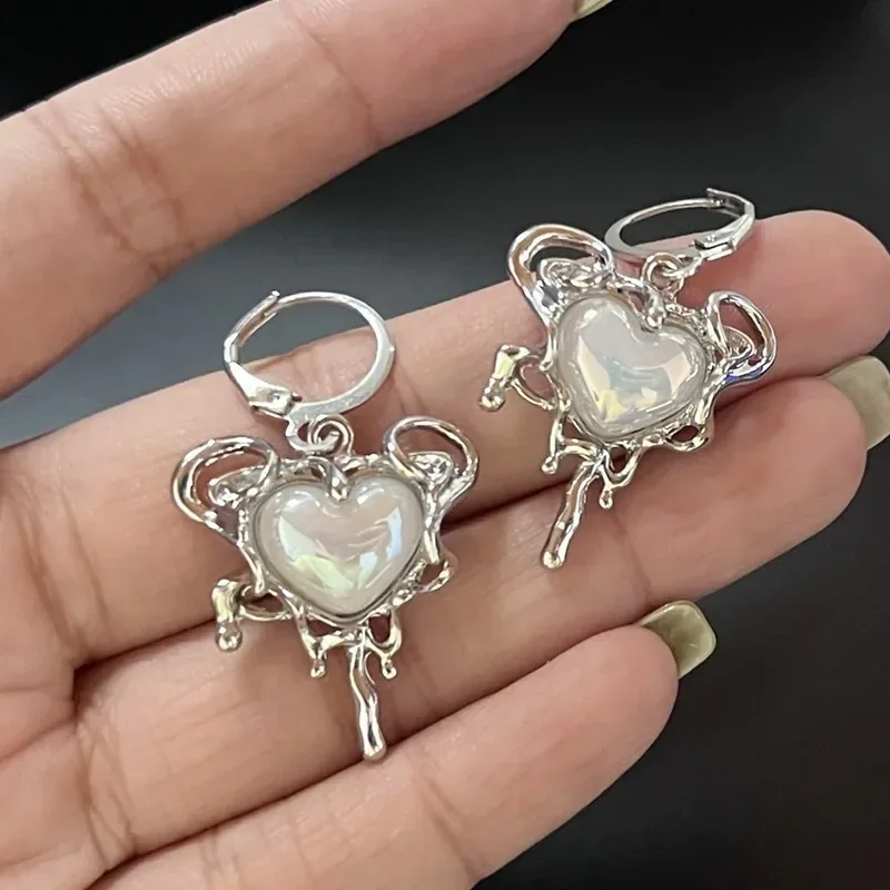 

Simple Silver Color Star Earrings for Women Opal Stone Heart Hoop Earrings Punk Y2K Cute Daily Wear Jewelry Party Gifts