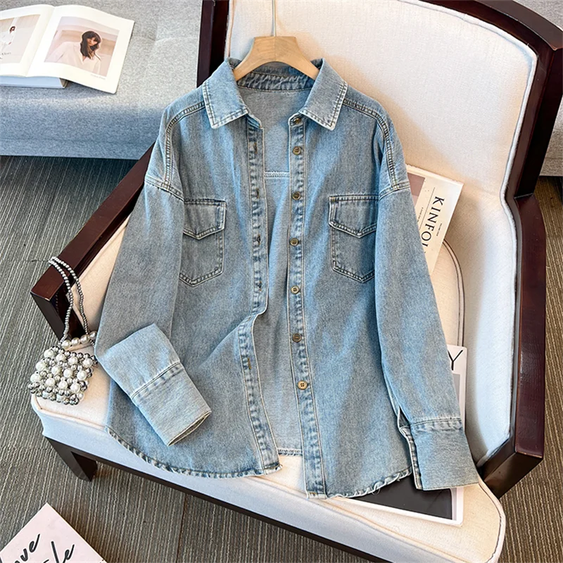Primavera otoño mujer Vintage lavado azul oscuro azul claro Denim camisa chaqueta solapa de un solo pecho de manga larga Jeans chaqueta abrigo