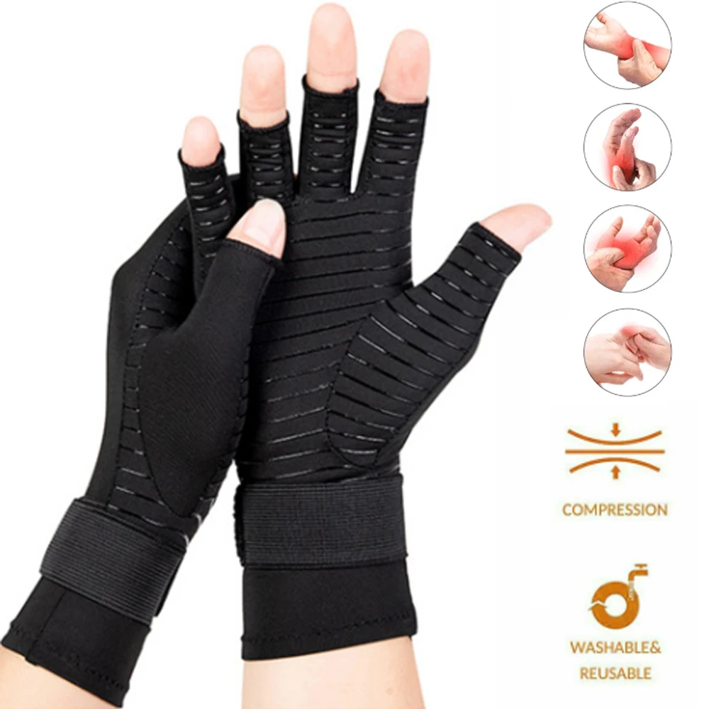 1 Pairs Arthritis Gloves Anti Arthritis Therapy Compression Gloves Copper Infused Half Finger Glove Ache Pain Joint Relief