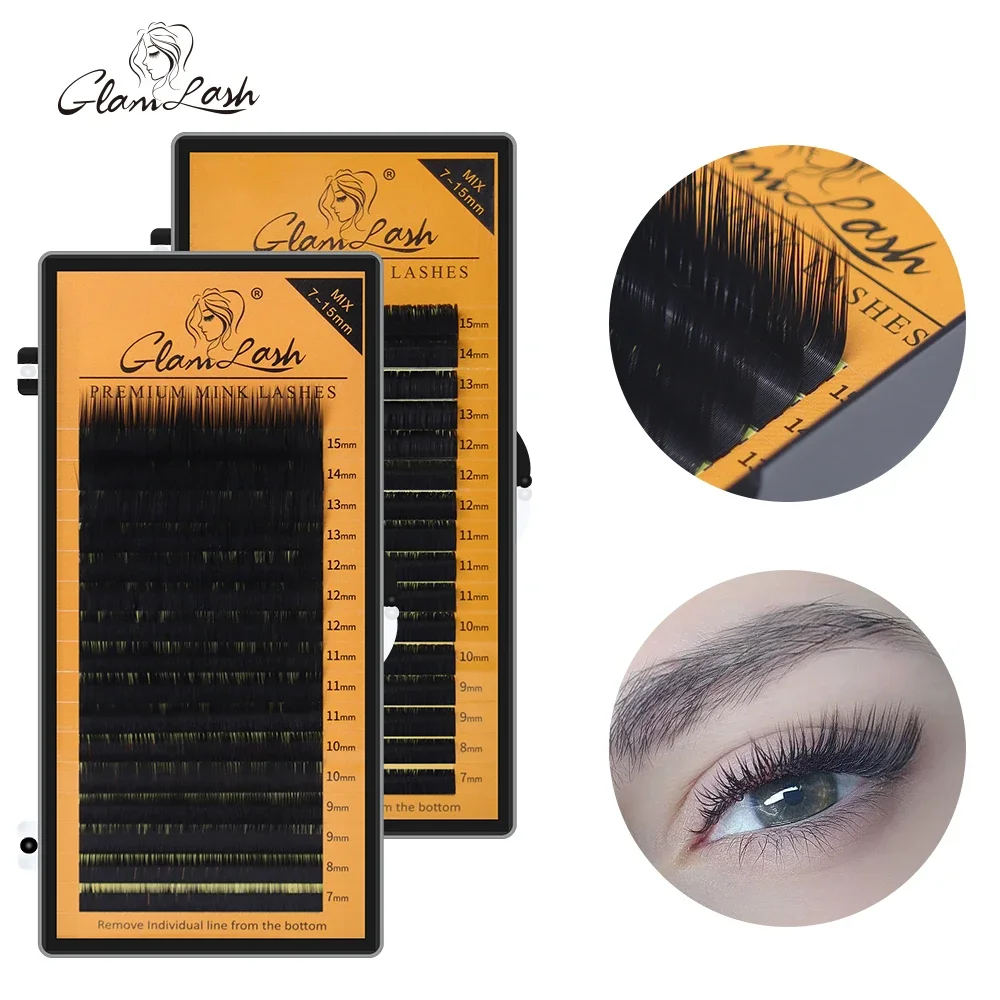 GLAMLASH L/L +/LC/LD/LU(M)/N CURL 7-15mm 16 rangées Volume individuel cils classiques Faux vison cils Extension Faux cils