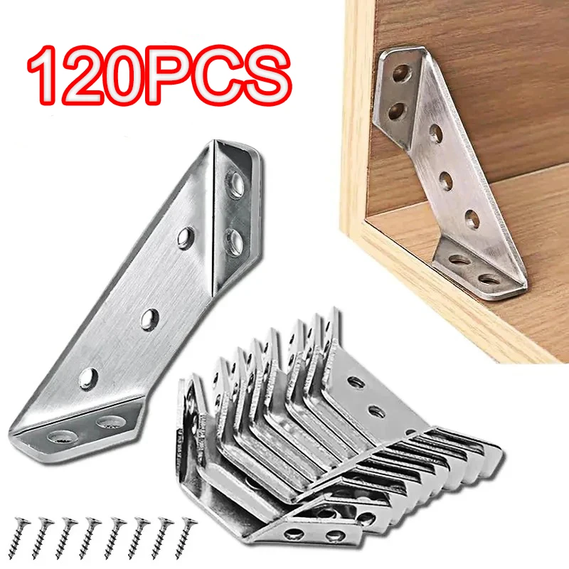 Universal Furniture Corner Connector, Cinta de canto de aço inoxidável com parafusos, Ângulo pesado, Suportes de prateleira para madeira, 120Pcs