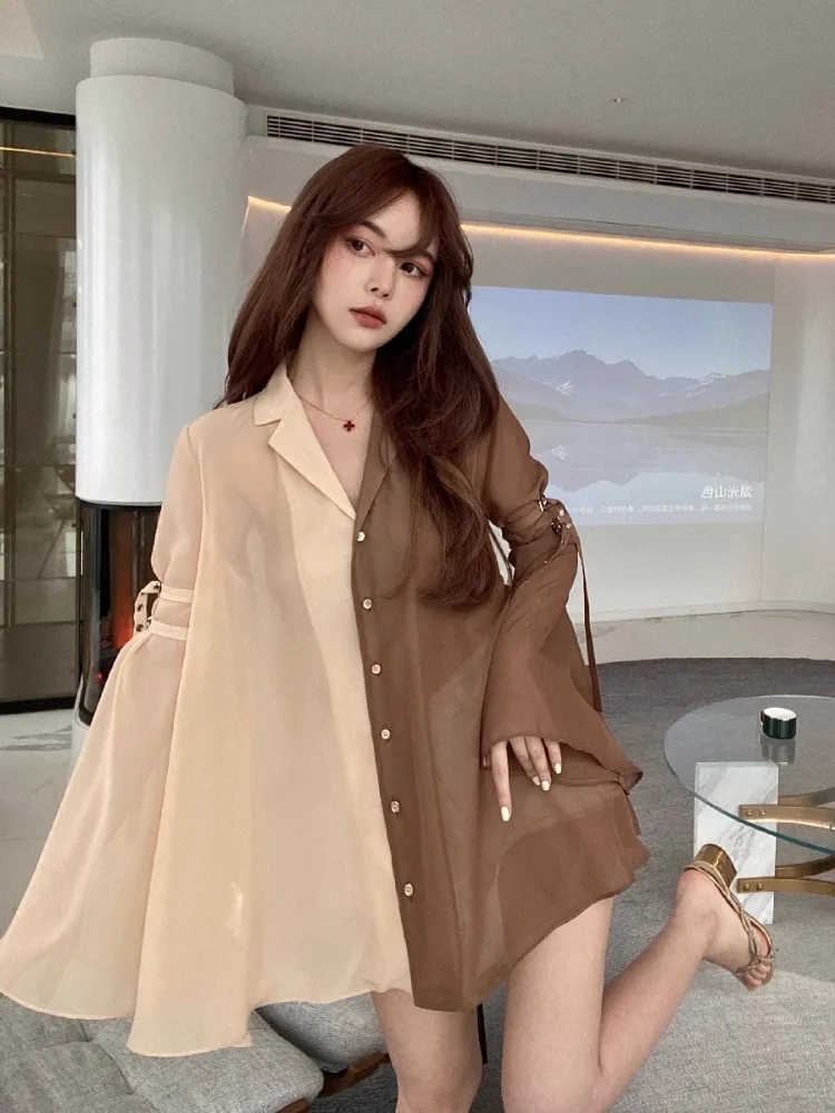 

ADAgirl Vintage Contrast Chiffon Blouse Women Tie Up Pagoda Sleeve Sun-proof Shirts Spring Summer Fashion Lady Loose Casual Tops