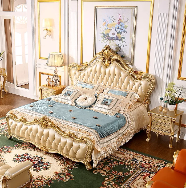 

Классическая кровать размера King-size из натуральной кожи для спальни, с резным каркасом из массива дерева, мебель для спальни, свадебная кровать