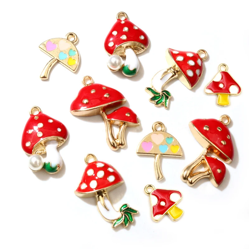 10pcs Enamel Mushroom Charms Pendant DIY Jewelry Making Accessories for Earring Bracelet Necklace Finding Craft Supplies