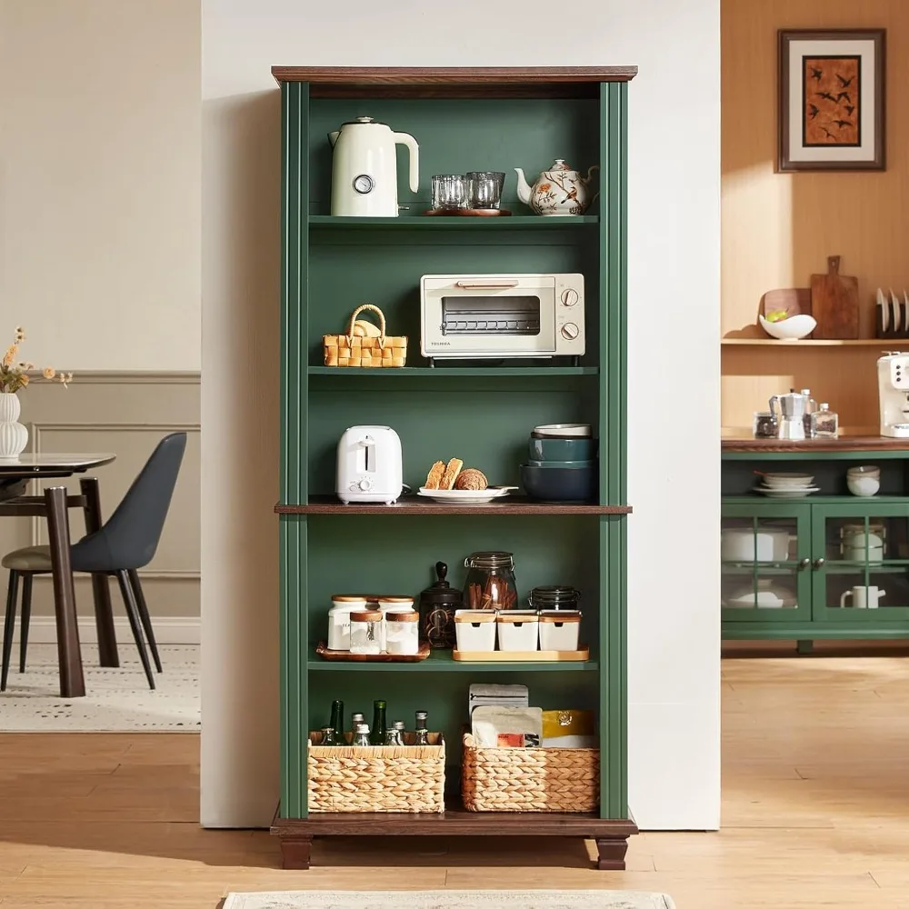 رف كتب أخضر بطول 70 بوصة، رف كتب خشبي من 5 طبقات مع أرفف قابلة للتعديل وأرجل خشبية، خزانة كتب للمزرعة قائمة بذاتها مع فتحة