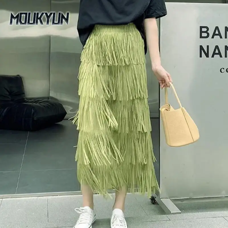 

Women Tassel Splicing Pleated Skirts Elegant Elastic Waist All Match A-line Long Skirt