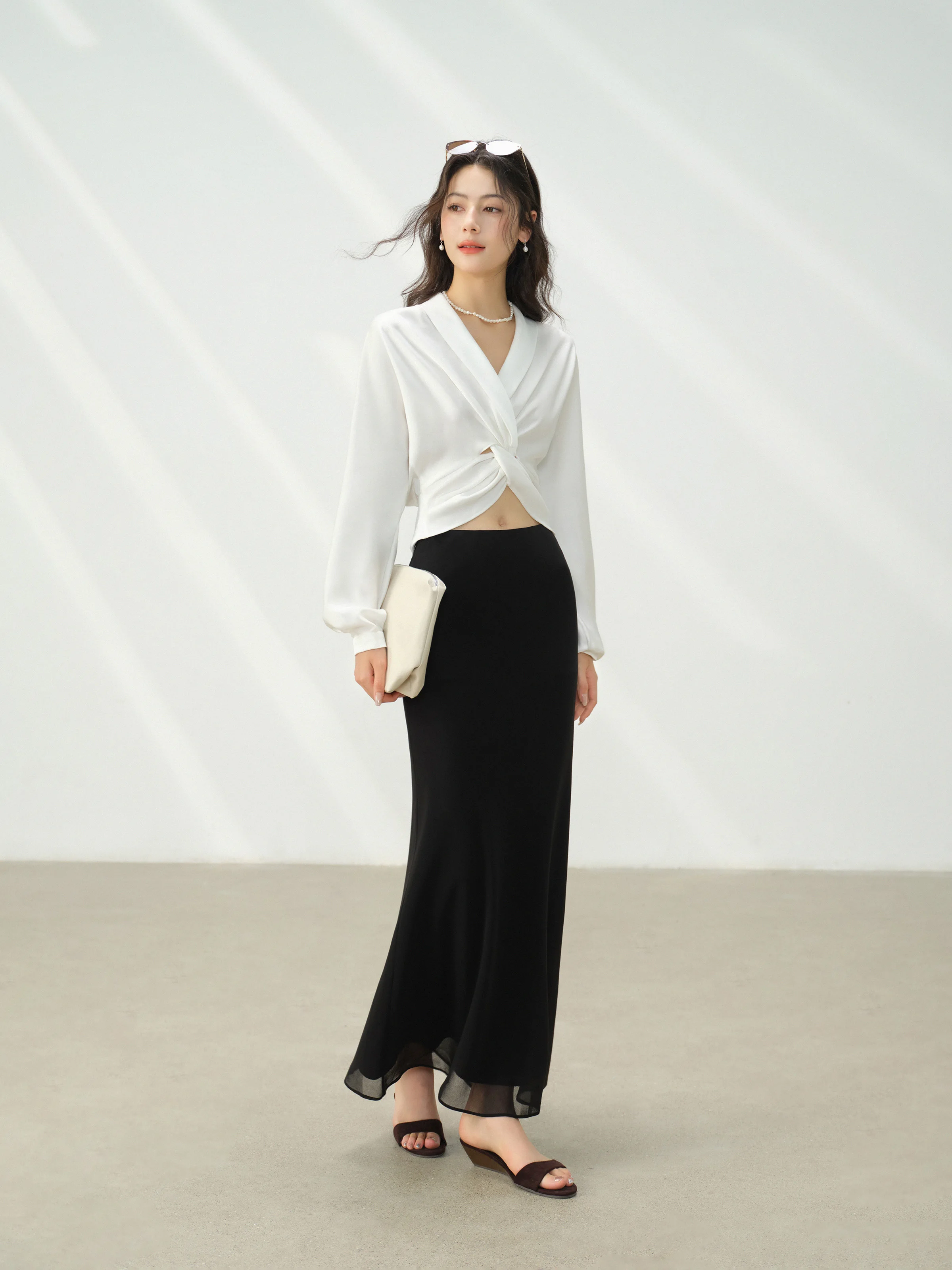 Elegant White Satin Blouse Women Long Sleeve V Neck Shirt French Short Top Slim Fit Waist Design | Autumn Fashion Office Outfit