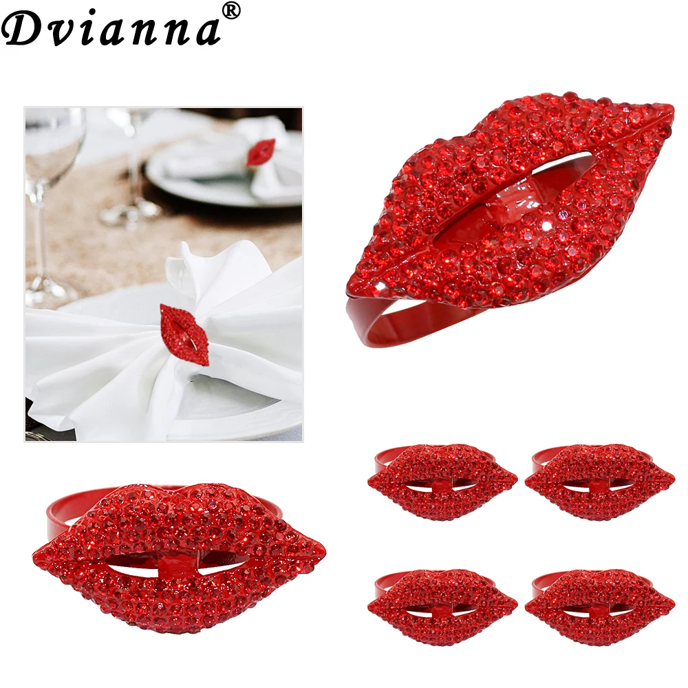 6Pcs Red Lips Napkin Rings Rhinestone Napkin Holder Rings for Valentine's Day Wedding Birthday Party Dinner Table Decor HWW69