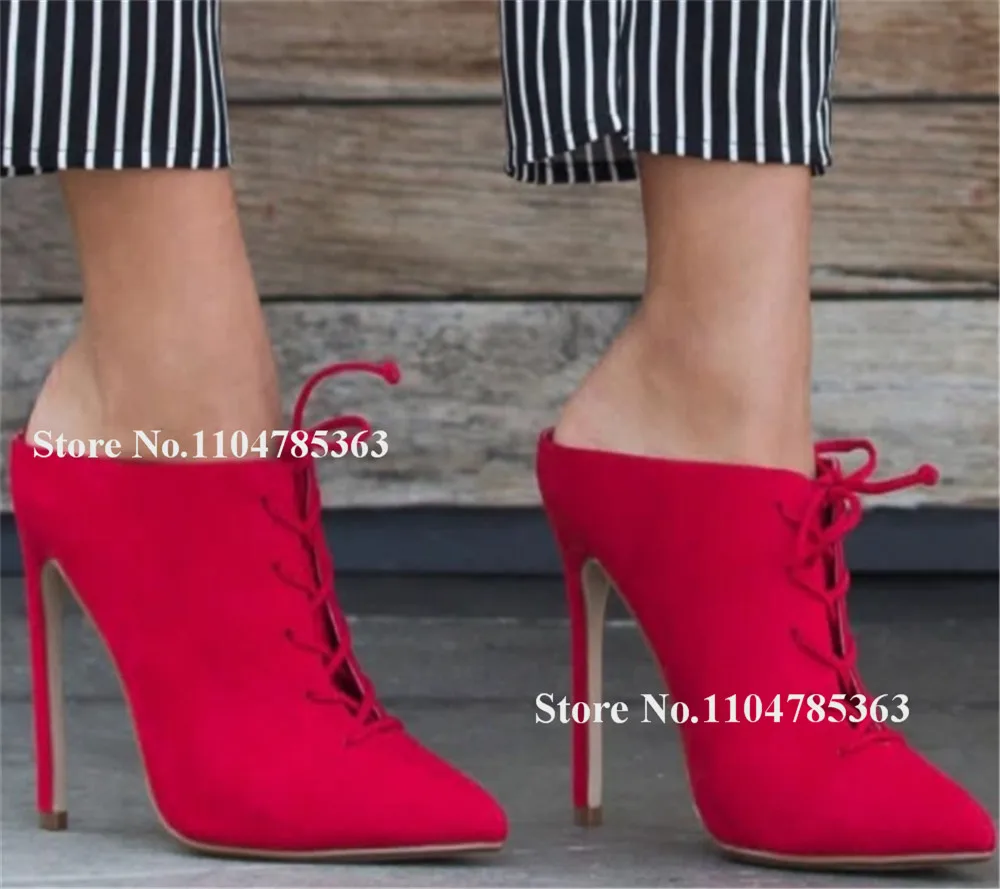 

Sexy Red Suede Stiletto Heel Pumps Pointed Toe Lace-up Back Cut-out Thin Heel Slippers Big Size Casual Heels