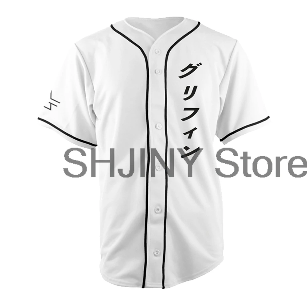 Gryffin Jersey White Katakana Baseball Jacket Shirts V-Neck Short Sleeve Tee Women Men Streetwear Tops Hip Hop Clothes