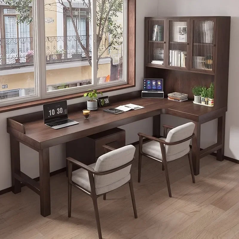 Solid wood corner desk bookcase integrated wall L-shaped writing storage cabinet bedroom corner computer desk bookshelf
