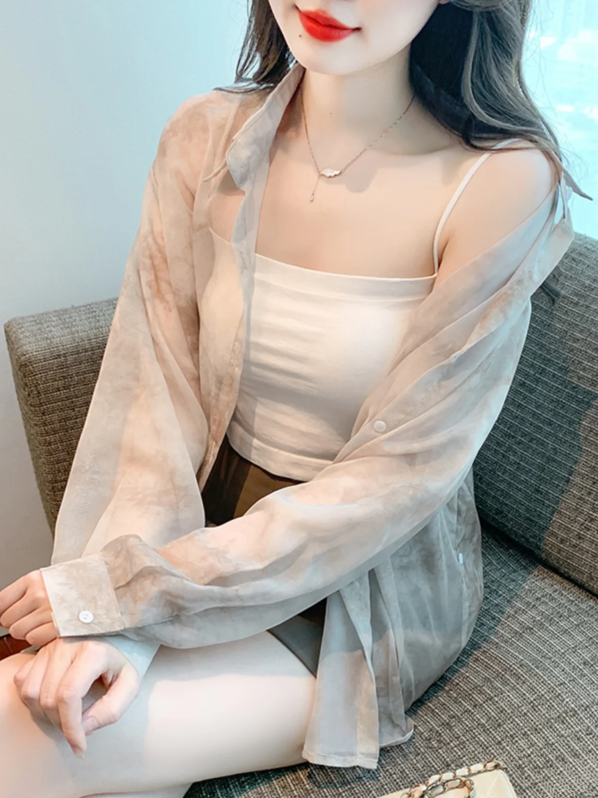 

Korean Sle adient Color Chiffon irt Women's Summer Thin Ice Silk Sun Protection Top UV Protection Clothing Semi-Transpa...