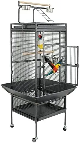 61-inch Playtop Parrot Bird Cages, Wrought Iron Large Birdcage with Rolling Stand for Parakeet Cockatiels Quaker Conure