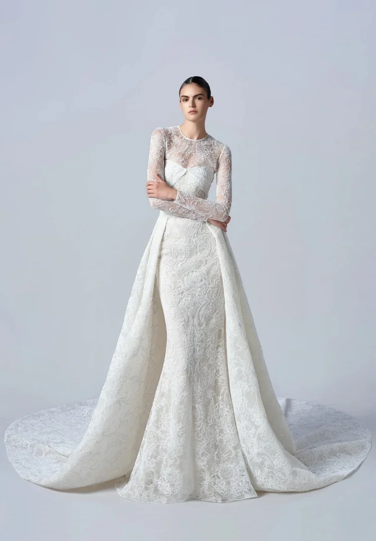 マーメイドウェディングドレス レース ベスティード・デ・ノビア 取り外し可能な長袖 シンプルでエレガントな白いドレス シビルウェディング オーダーメイド 花嫁