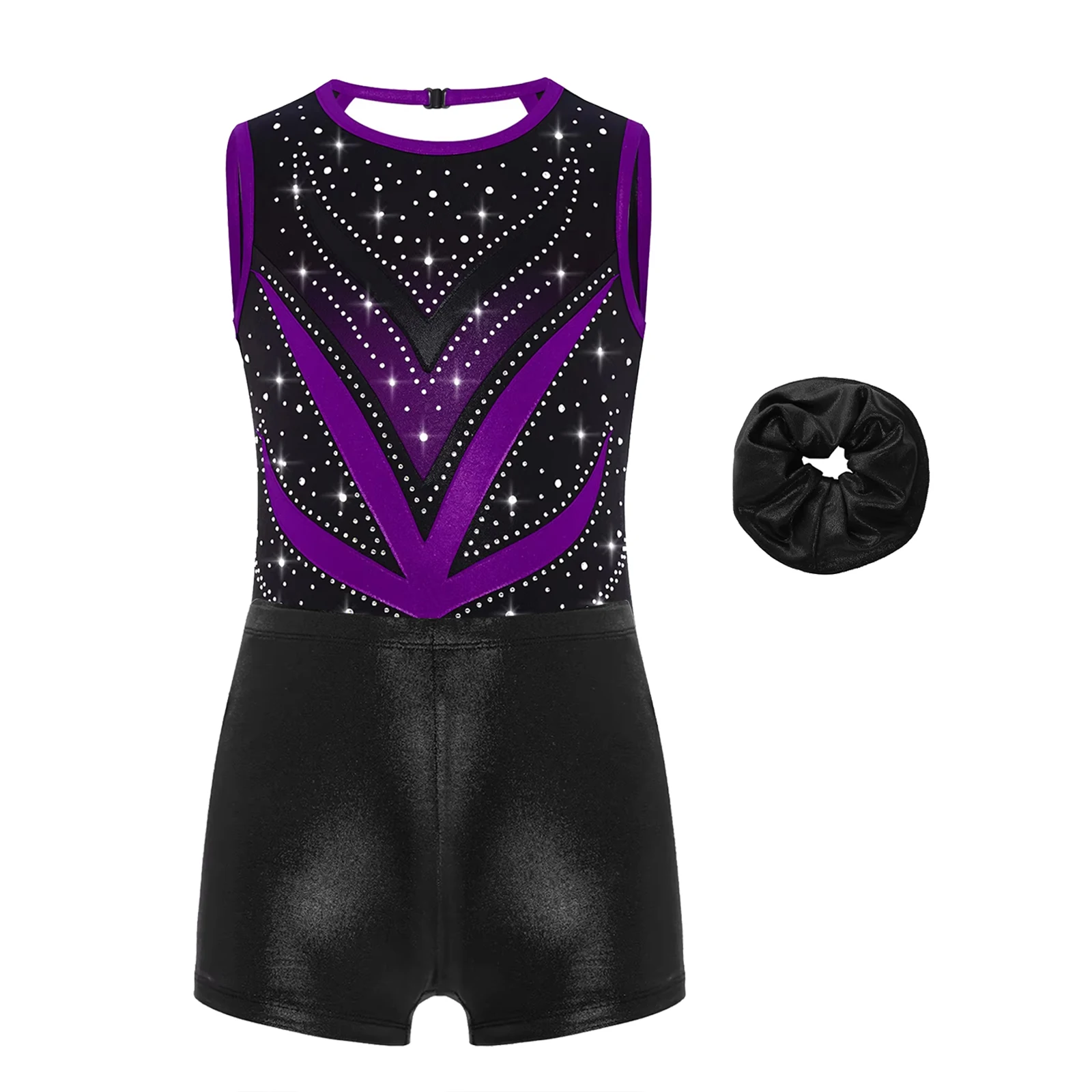

Kids Girls Ballet Jersey Unitard Dancewear Metallic Artistic Skating Gymnastics Leotard with Metallic High Waist Shorts Hairband