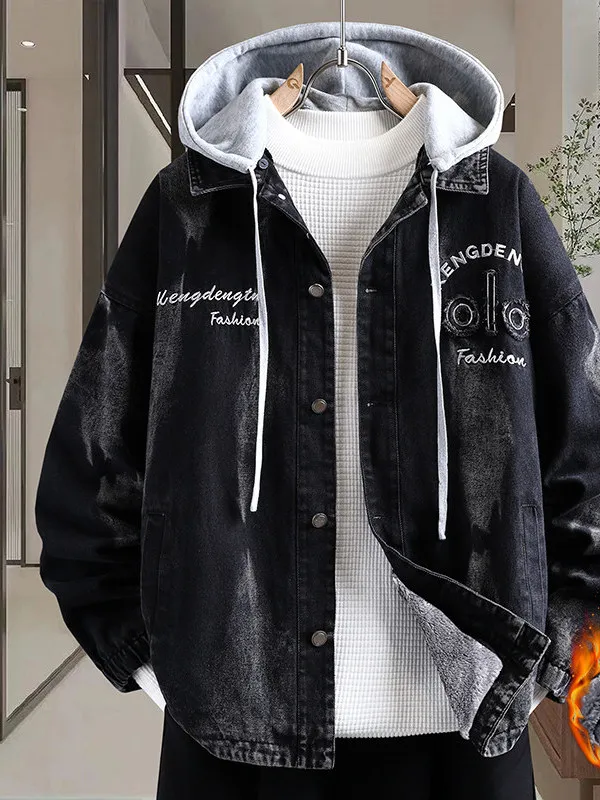 

Winter New Faion Fce Lined Thiened Hooded Denim Jaet for Teenage Boys Casual Outerwear Warm Cotton Polyester Blend