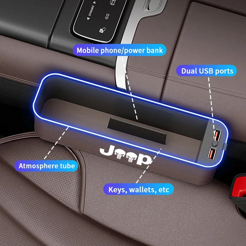 

Car USB Charge Multifunction Seat Crevice Storage Case Jeep Wrangler Grand Cherokee Renegade Compass Gladiator Patriot Commander